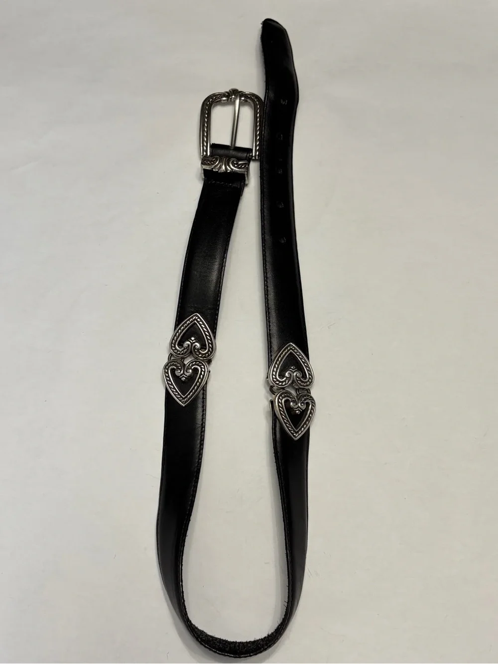 Vintage Brighton Black Leather Heart Belt Silver Hardware Western Boho USA Made